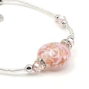 Murano Glass Pink Gold Foil Lampwork Bead Bracelet Silver Tone Crystal Accents